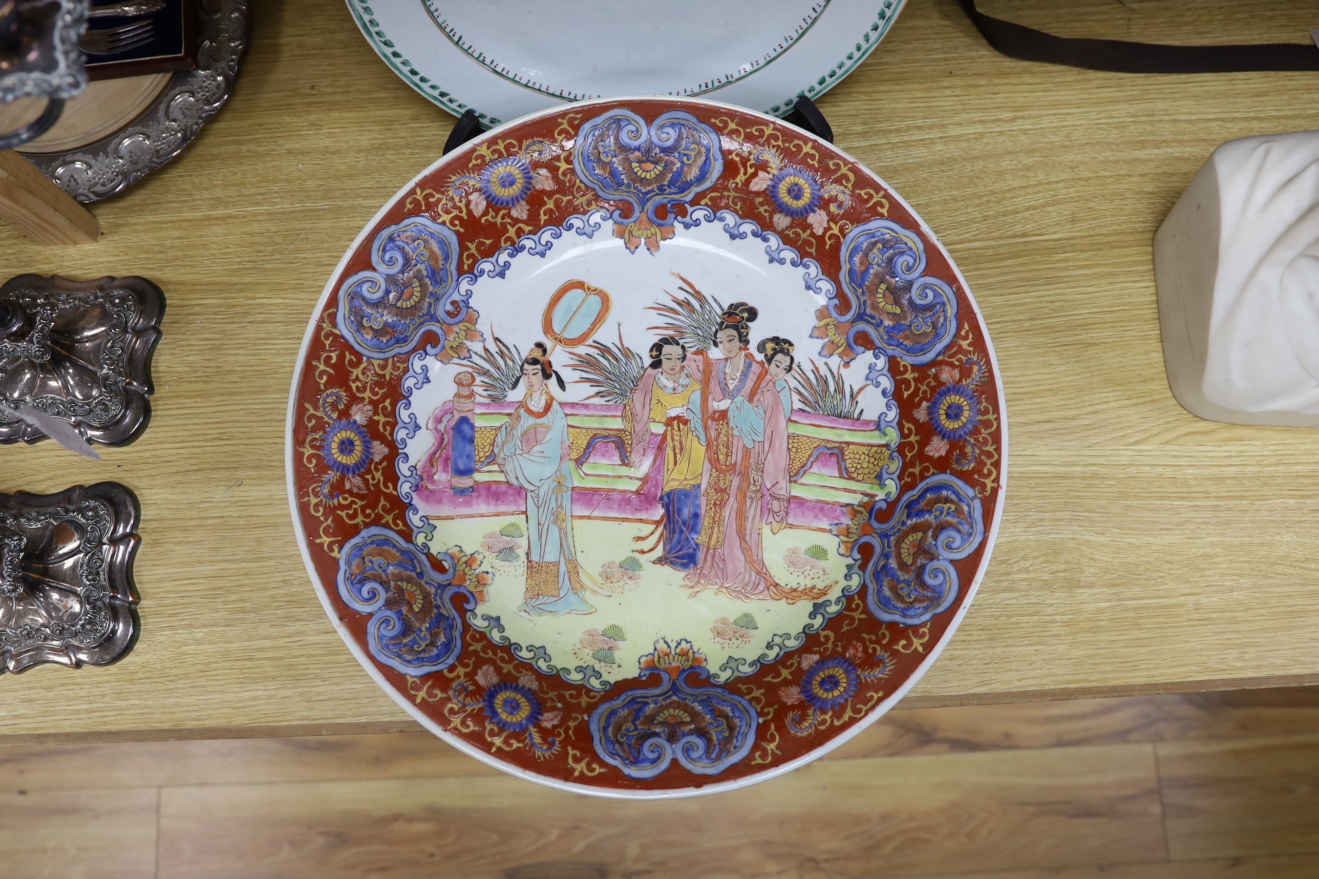 A large Chinese Export plate and a later figural dish, 48cms diameter
